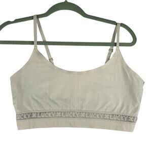 Lucky Brand Sports Bra Women’s XL White Spellout Logo Mesh Panel Spaghetti Strap